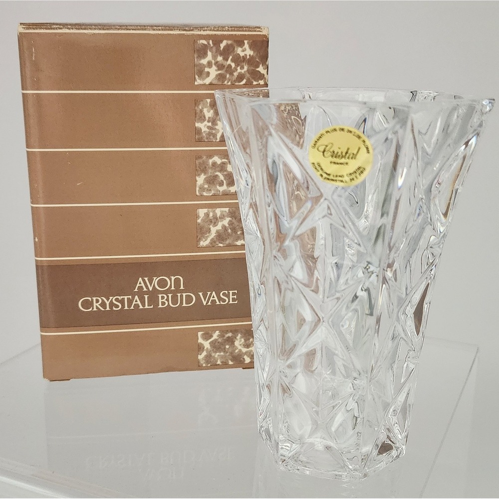 Avon Crystal Bud Vase Clear 24% Lead Crystal France Boxed 5" NOS EXC 5819-1
